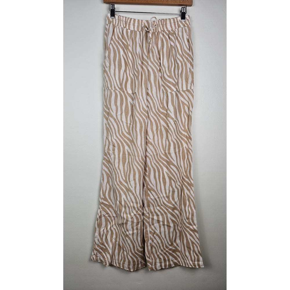Tan Zebra Print Pants Women Small Wide Leg Elastic Waist Linen Trousers